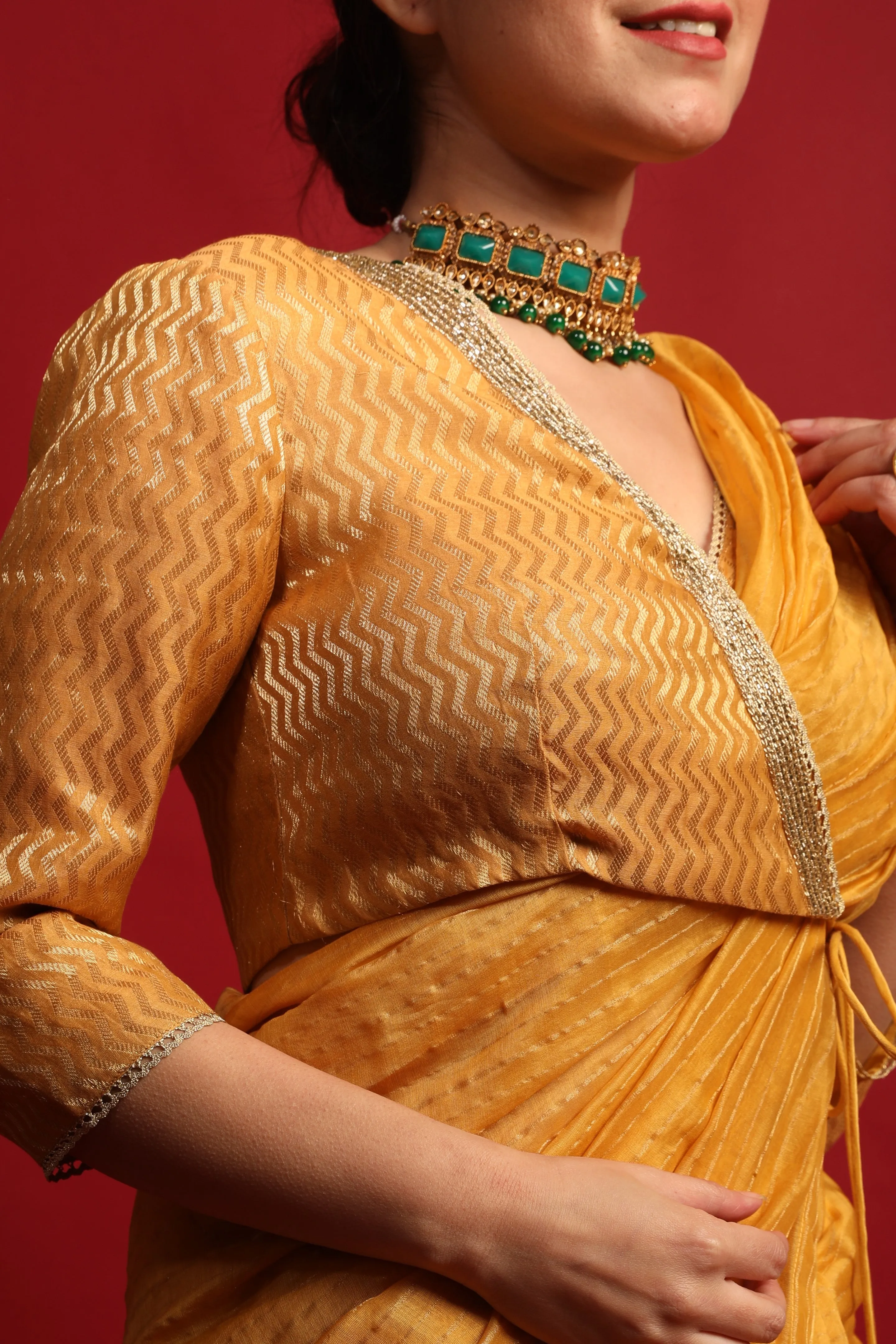 Embroidered Wrap Blouse in Turmeric Yellow  Chanderi Handloom