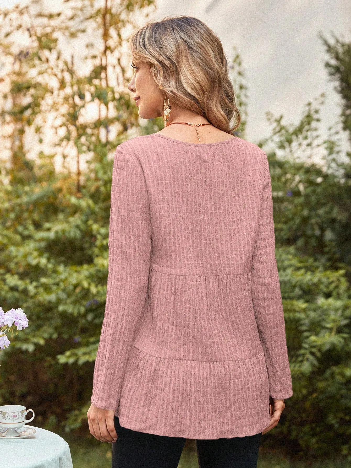 EMERY ROSE Solid Ruffle Hem Smock Blouse