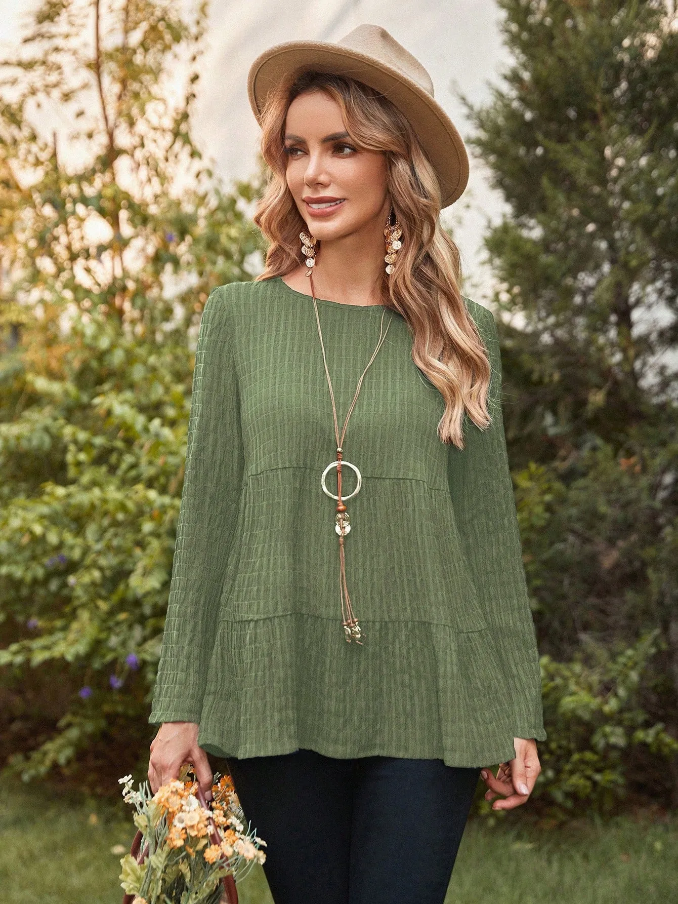 EMERY ROSE Solid Ruffle Hem Smock Blouse