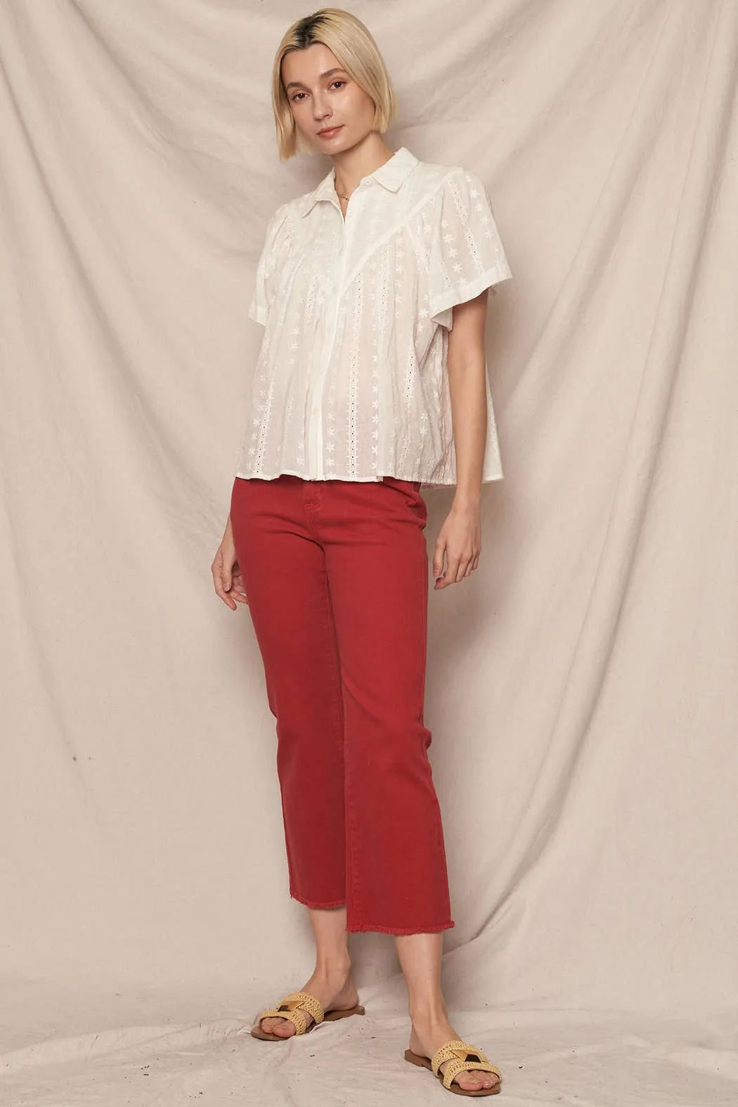 En Crème White Short Sleeve Lace Button Down Shirt