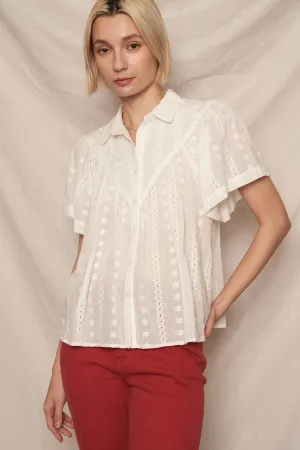 En Crème White Short Sleeve Lace Button Down Shirt