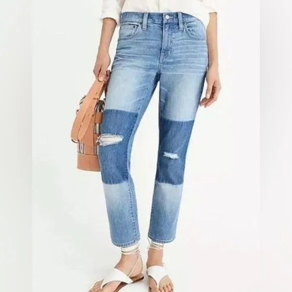 EUC J Crew Slim Broken In Patchwork Boyfriend Distressed Jeans Size 26