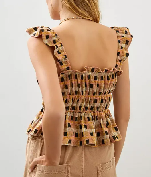 Eva Franco Checked Beige Ruffle Tank Top from Anthropologie