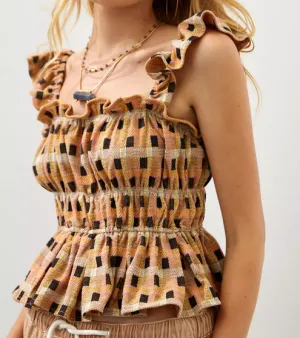 Eva Franco Checked Beige Ruffle Tank Top from Anthropologie
