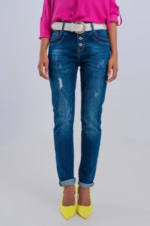 Exposed button ripped boyfriend jean in dark blue