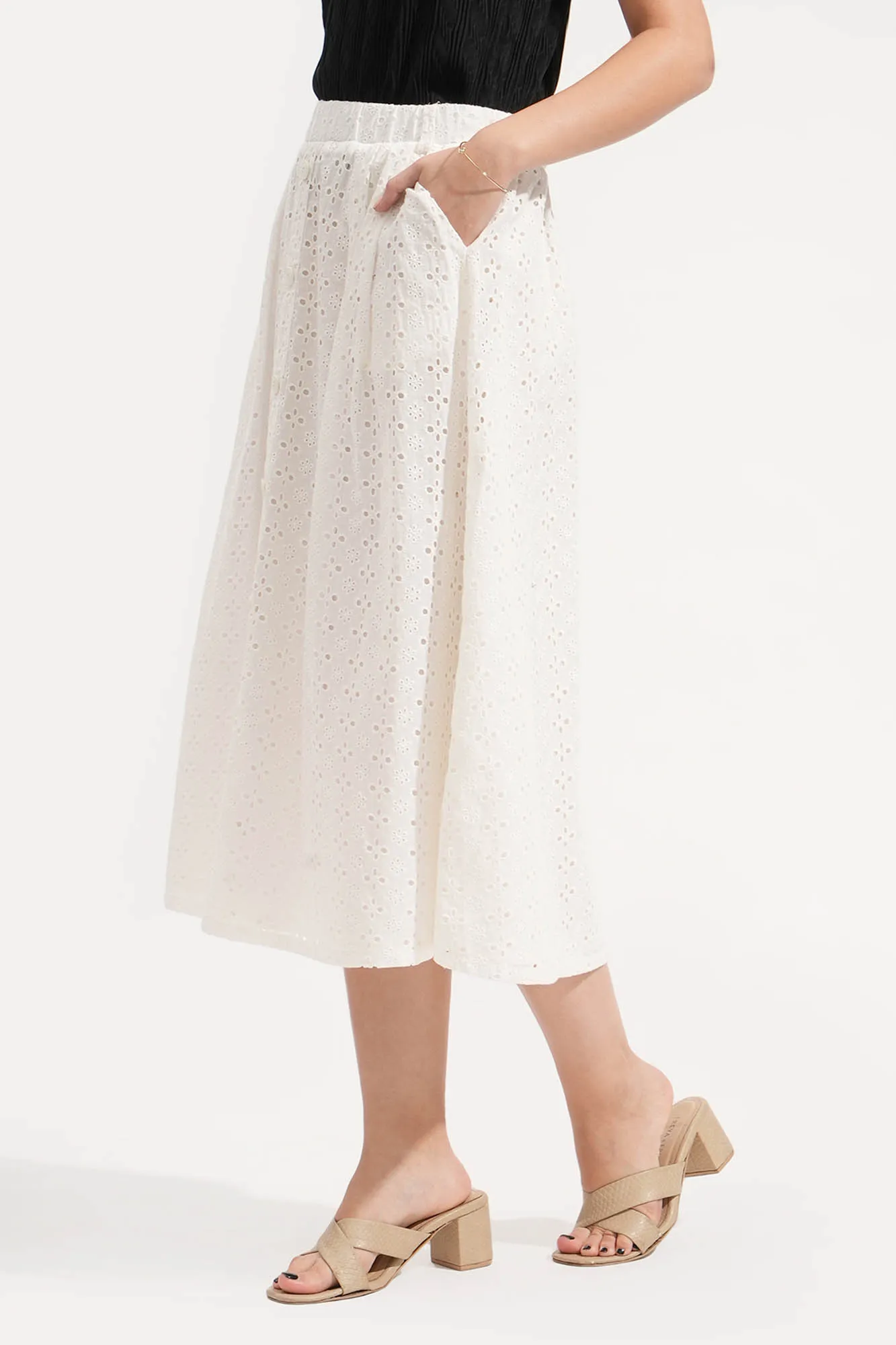 Eyelet Button Down Midi Skirt