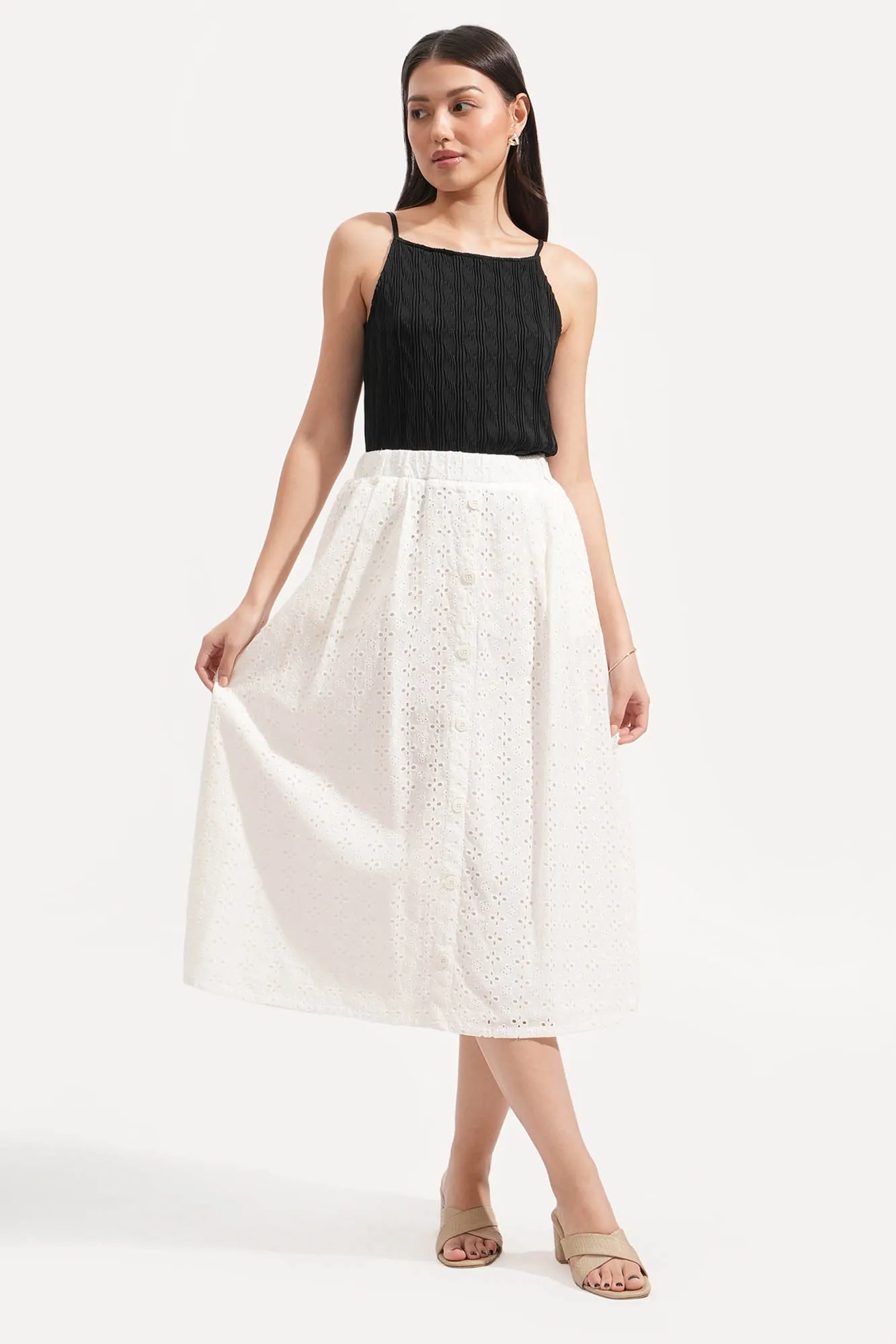 Eyelet Button Down Midi Skirt