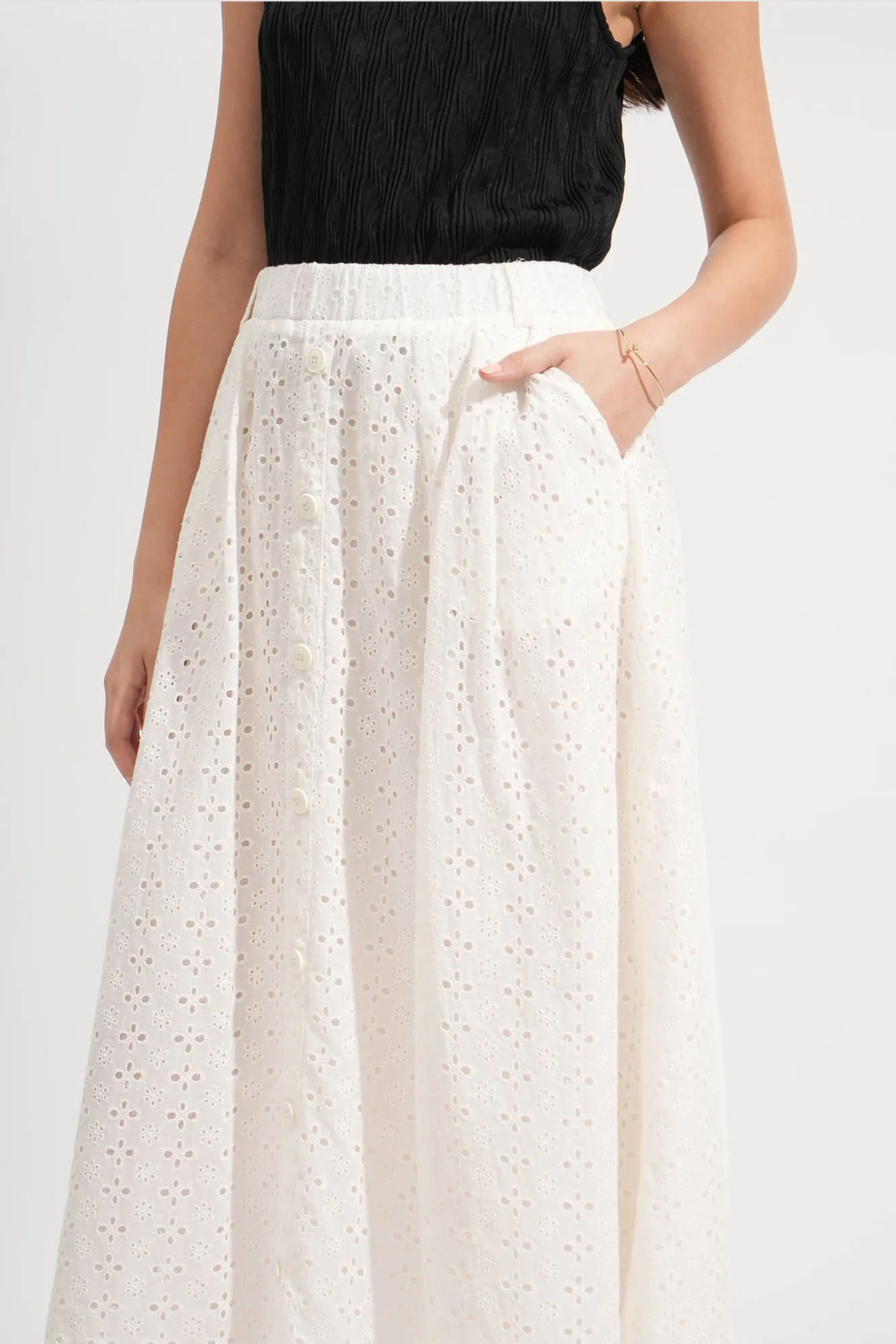 Eyelet Button Down Midi Skirt