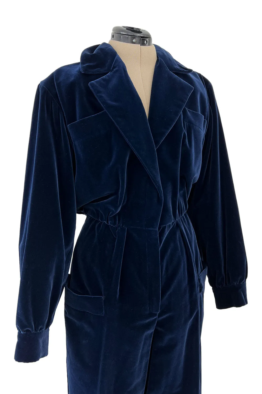 Fantastic Fall 1985 Yves Saint Laurent Deep Runway Blue Velvet Jumpsuit w Slouchy Front Pockets