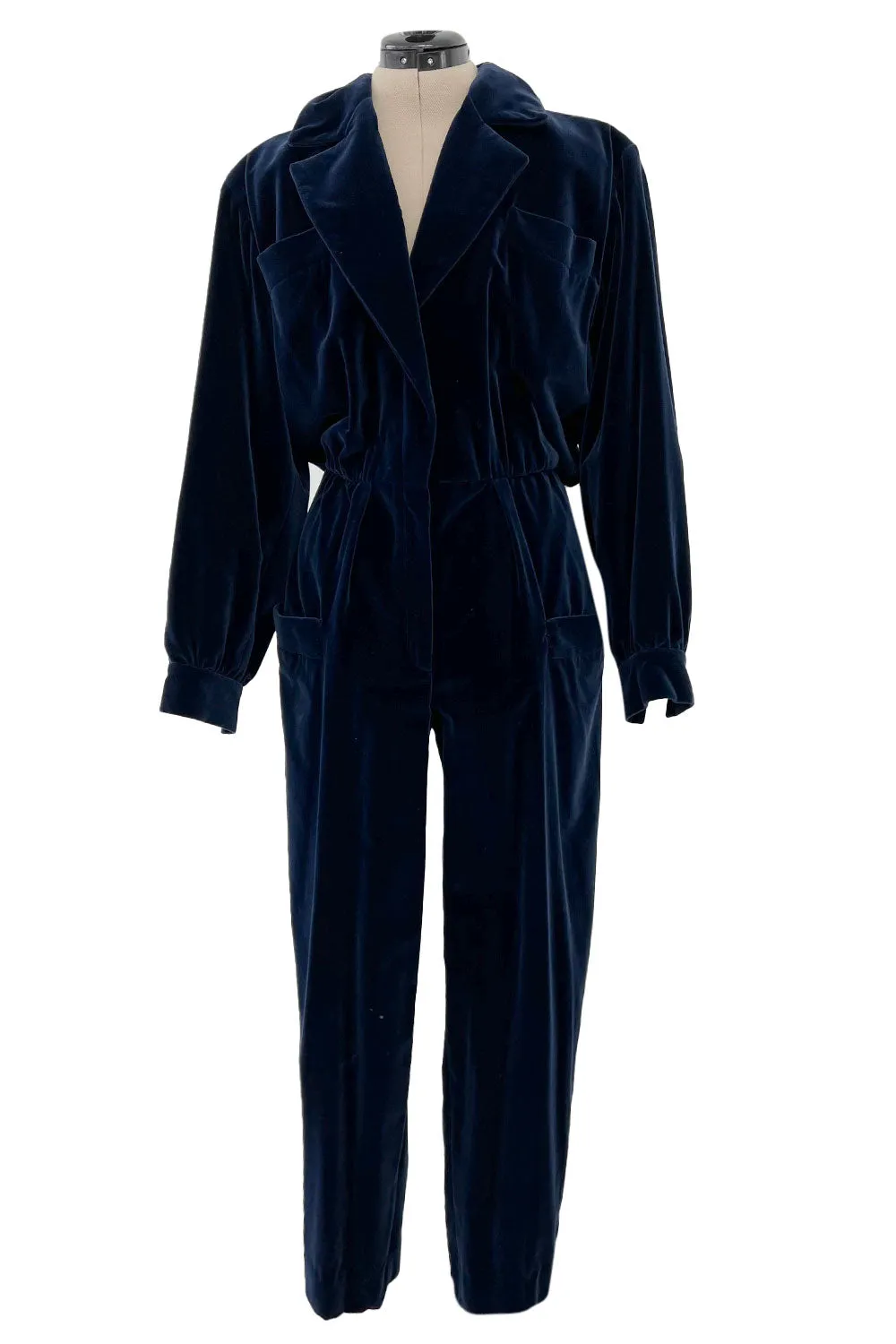 Fantastic Fall 1985 Yves Saint Laurent Deep Runway Blue Velvet Jumpsuit w Slouchy Front Pockets