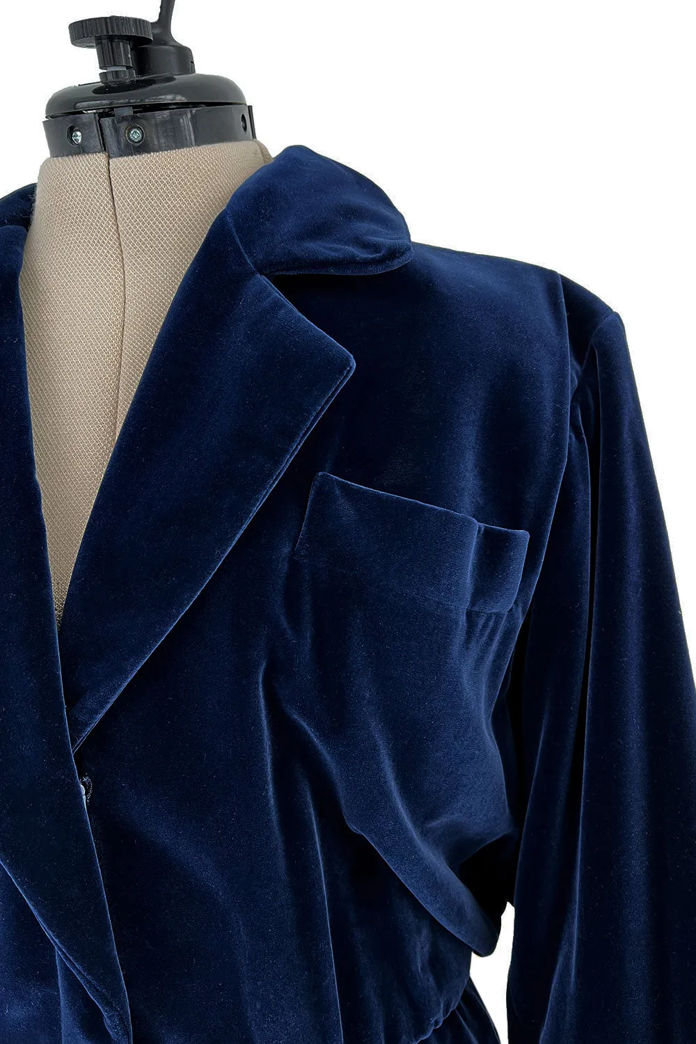 Fantastic Fall 1985 Yves Saint Laurent Deep Runway Blue Velvet Jumpsuit w Slouchy Front Pockets