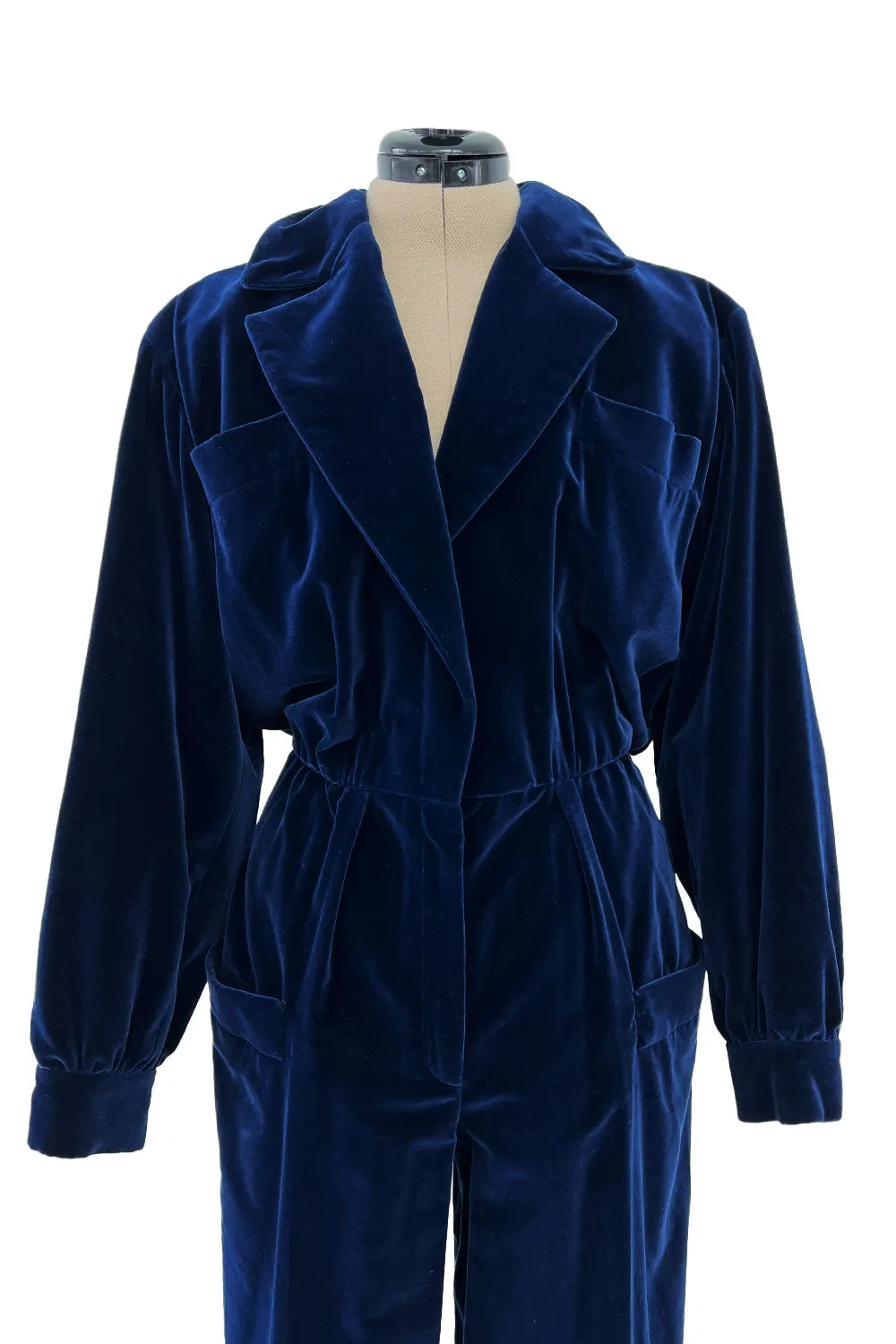Fantastic Fall 1985 Yves Saint Laurent Deep Runway Blue Velvet Jumpsuit w Slouchy Front Pockets