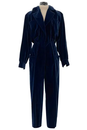 Fantastic Fall 1985 Yves Saint Laurent Deep Runway Blue Velvet Jumpsuit w Slouchy Front Pockets