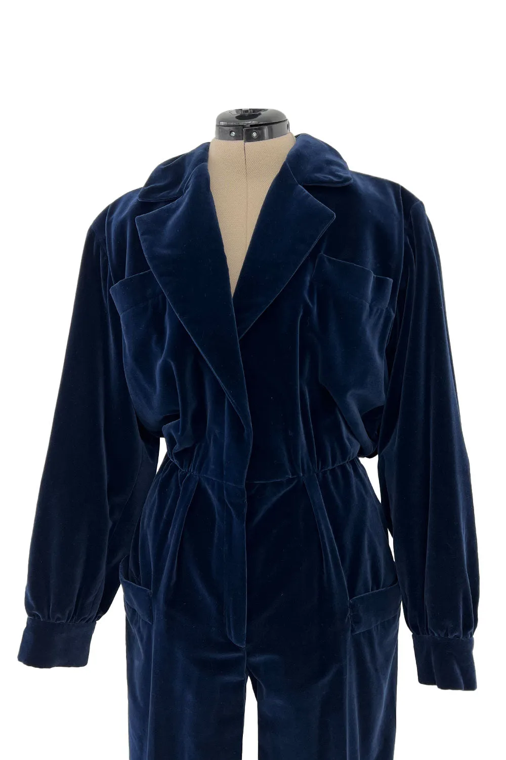Fantastic Fall 1985 Yves Saint Laurent Deep Runway Blue Velvet Jumpsuit w Slouchy Front Pockets