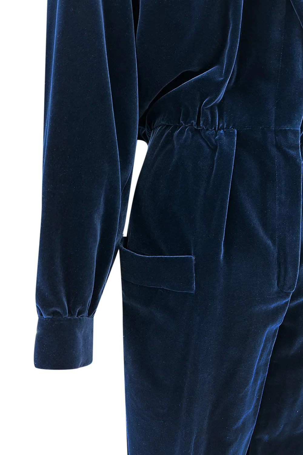Fantastic Fall 1985 Yves Saint Laurent Deep Runway Blue Velvet Jumpsuit w Slouchy Front Pockets