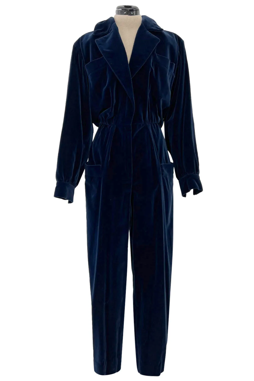 Fantastic Fall 1985 Yves Saint Laurent Deep Runway Blue Velvet Jumpsuit w Slouchy Front Pockets