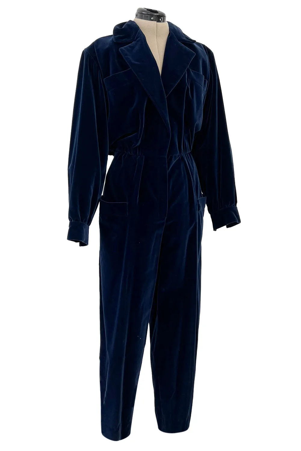 Fantastic Fall 1985 Yves Saint Laurent Deep Runway Blue Velvet Jumpsuit w Slouchy Front Pockets