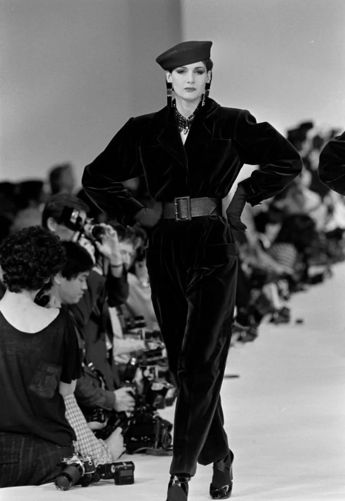 Fantastic Fall 1985 Yves Saint Laurent Deep Runway Blue Velvet Jumpsuit w Slouchy Front Pockets