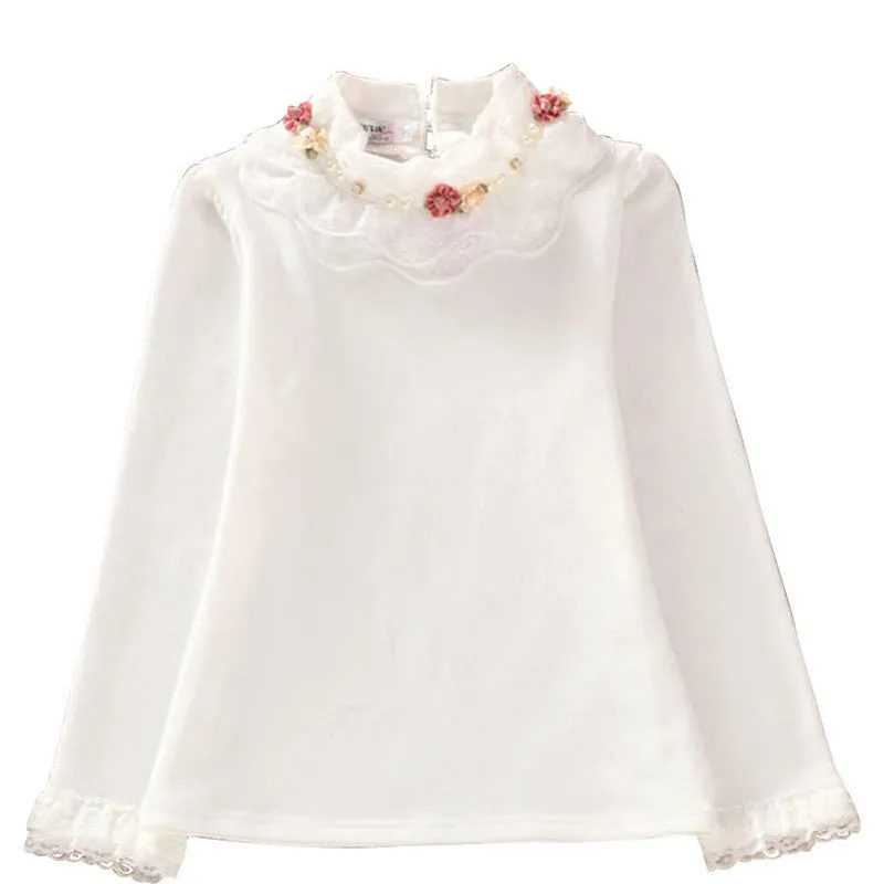 Fashion Children kids girls blouses Baby girls long sleeved school lace white shirts tops&tees TD014