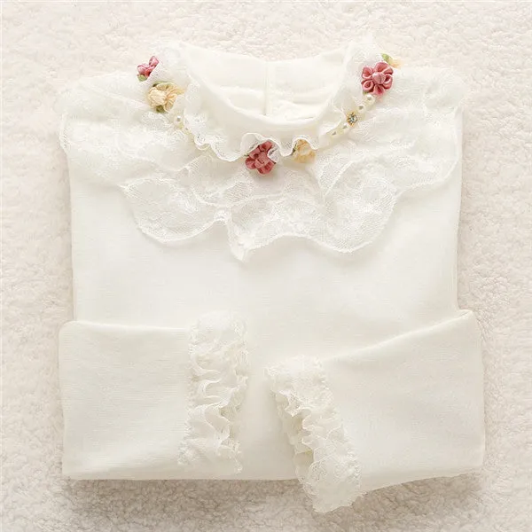 Fashion Children kids girls blouses Baby girls long sleeved school lace white shirts tops&tees TD014
