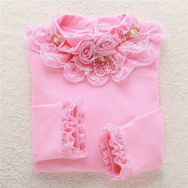 Fashion Children kids girls blouses Baby girls long sleeved school lace white shirts tops&tees TD014