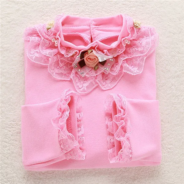Fashion Children kids girls blouses Baby girls long sleeved school lace white shirts tops&tees TD014