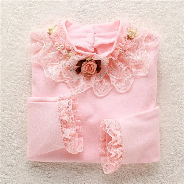 Fashion Children kids girls blouses Baby girls long sleeved school lace white shirts tops&tees TD014
