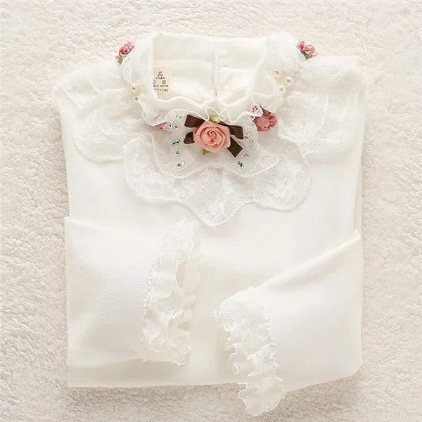 Fashion Children kids girls blouses Baby girls long sleeved school lace white shirts tops&tees TD014