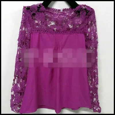 fashion Vintage Style Womens Elegant Crochet Openwork Lace Patchwork Blouses Crew Neck Long Sleeve Chiffon Shirts