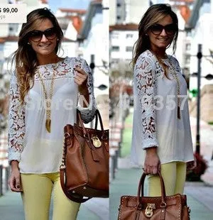 fashion Vintage Style Womens Elegant Crochet Openwork Lace Patchwork Blouses Crew Neck Long Sleeve Chiffon Shirts