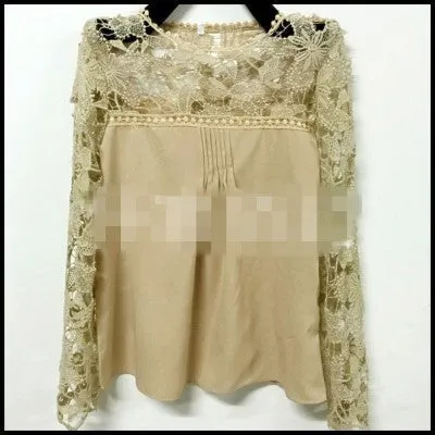 fashion Vintage Style Womens Elegant Crochet Openwork Lace Patchwork Blouses Crew Neck Long Sleeve Chiffon Shirts