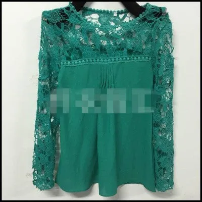 fashion Vintage Style Womens Elegant Crochet Openwork Lace Patchwork Blouses Crew Neck Long Sleeve Chiffon Shirts