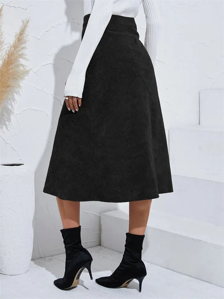 Female Autumn Winter Corduroy Single Breasted Skirts