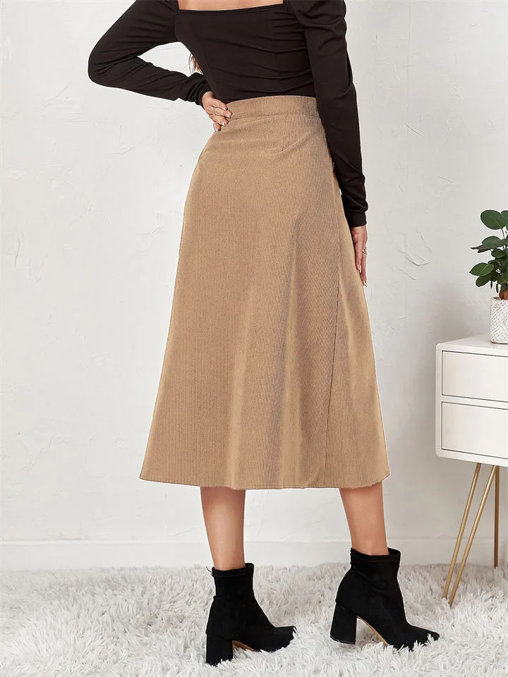Female Autumn Winter Corduroy Single Breasted Skirts
