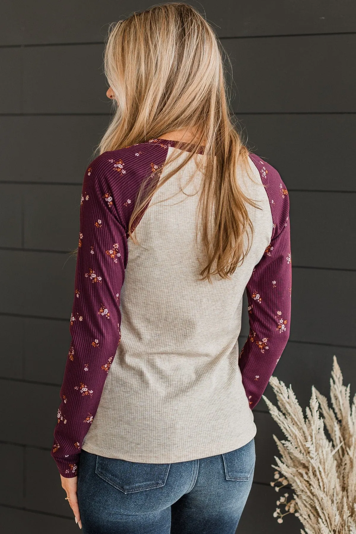 Filled With Love Floral Raglan Top- Oatmeal & Plum