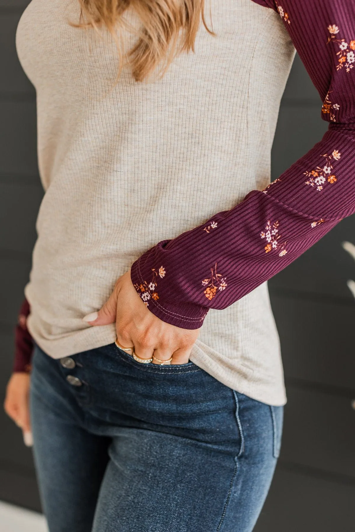 Filled With Love Floral Raglan Top- Oatmeal & Plum