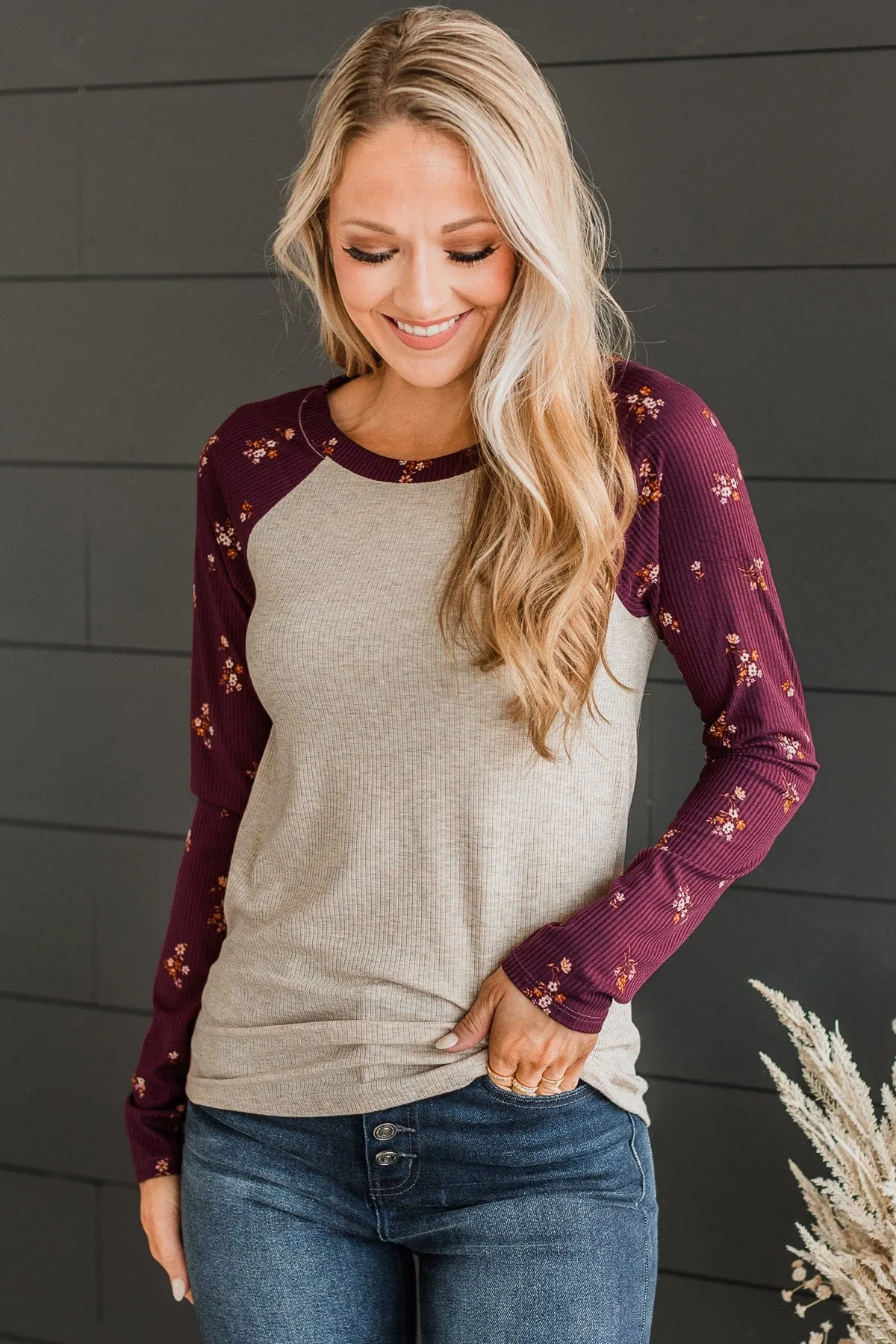 Filled With Love Floral Raglan Top- Oatmeal & Plum
