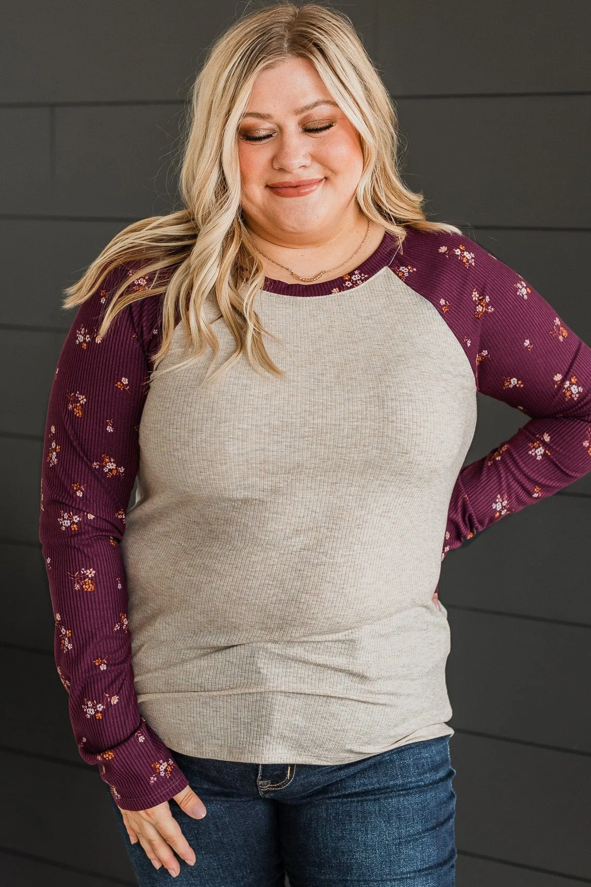 Filled With Love Floral Raglan Top- Oatmeal & Plum