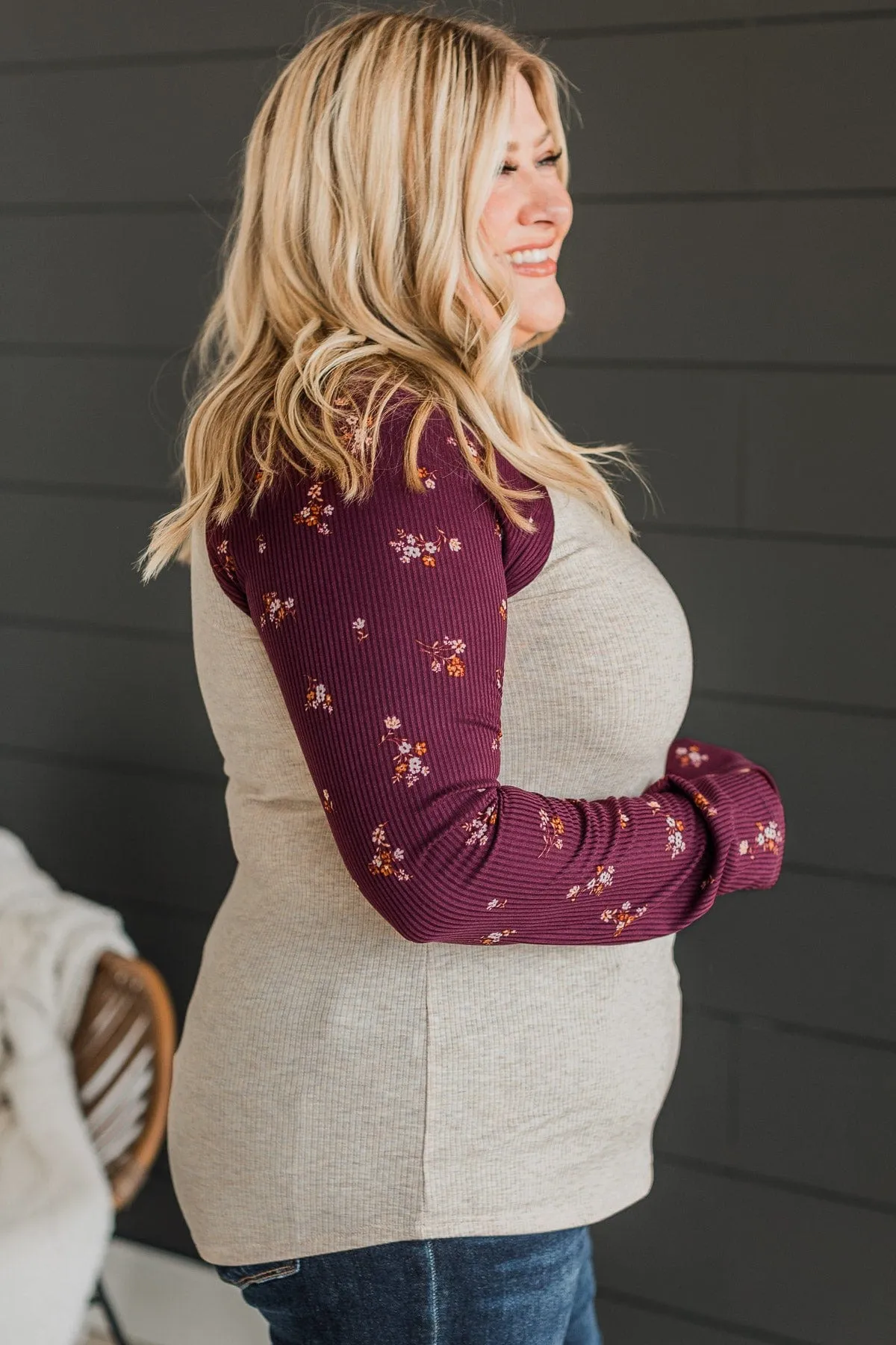 Filled With Love Floral Raglan Top- Oatmeal & Plum