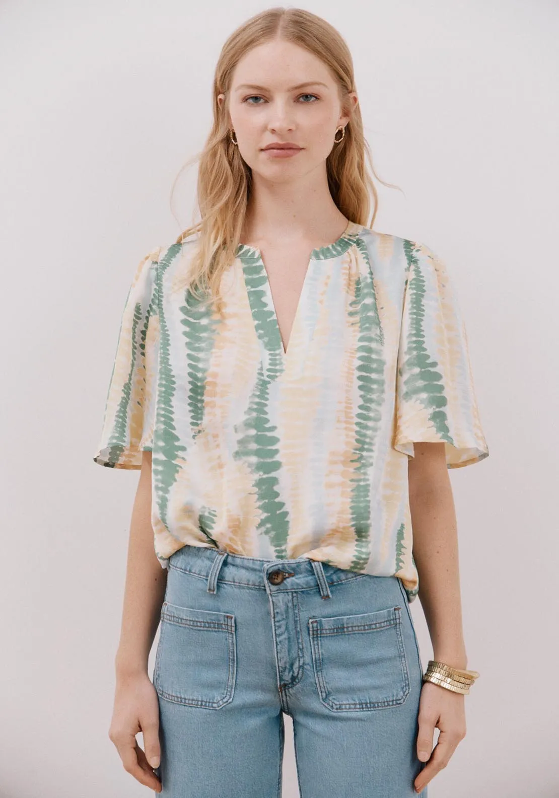 Flared Sleeve Blouse - Green Print
