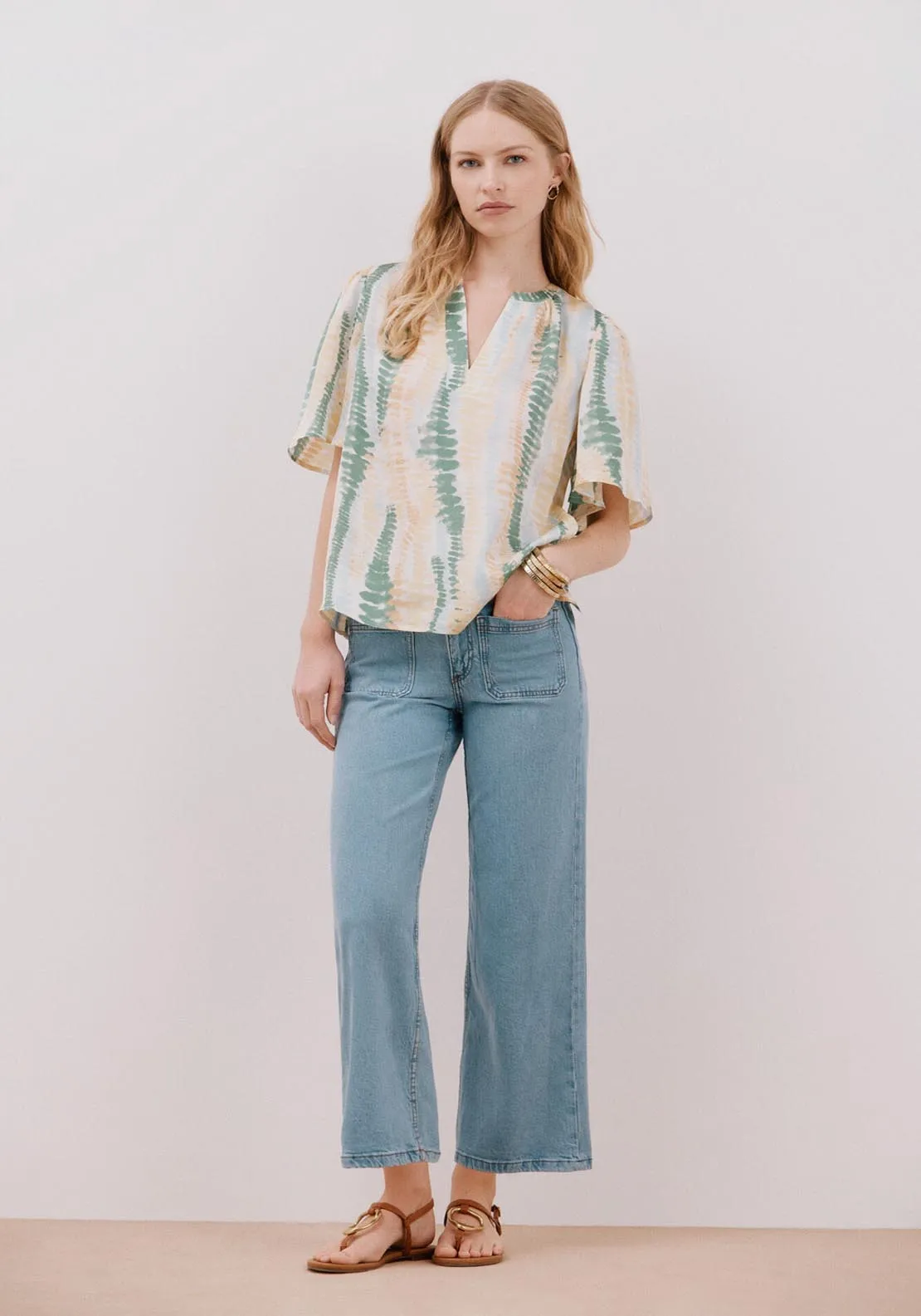 Flared Sleeve Blouse - Green Print