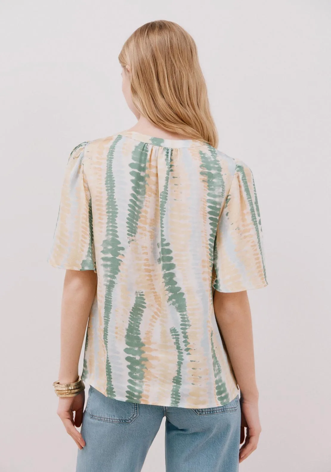Flared Sleeve Blouse - Green Print