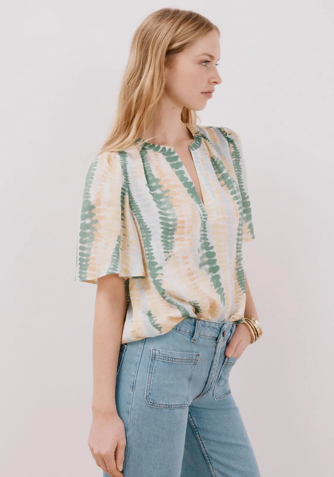 Flared Sleeve Blouse - Green Print