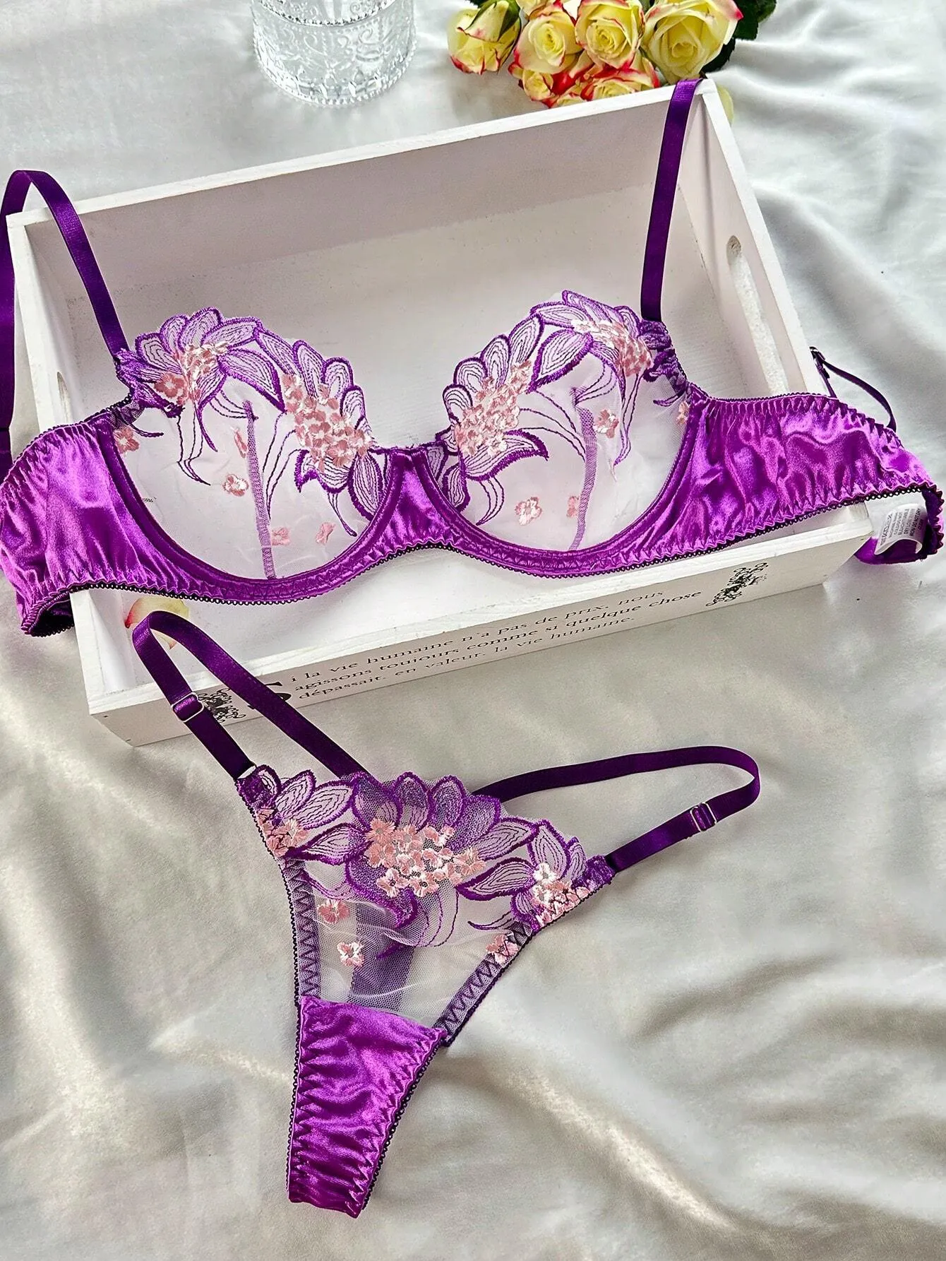 Floral Embroidery Mesh Underwire Lingerie Set