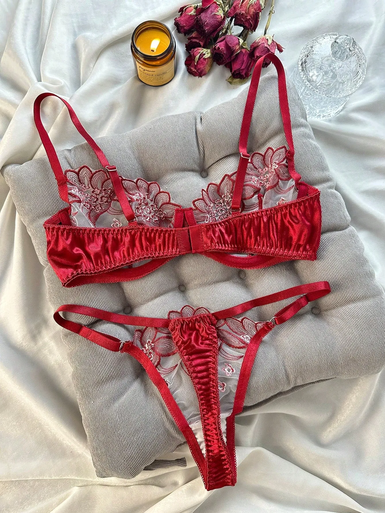 Floral Embroidery Mesh Underwire Lingerie Set