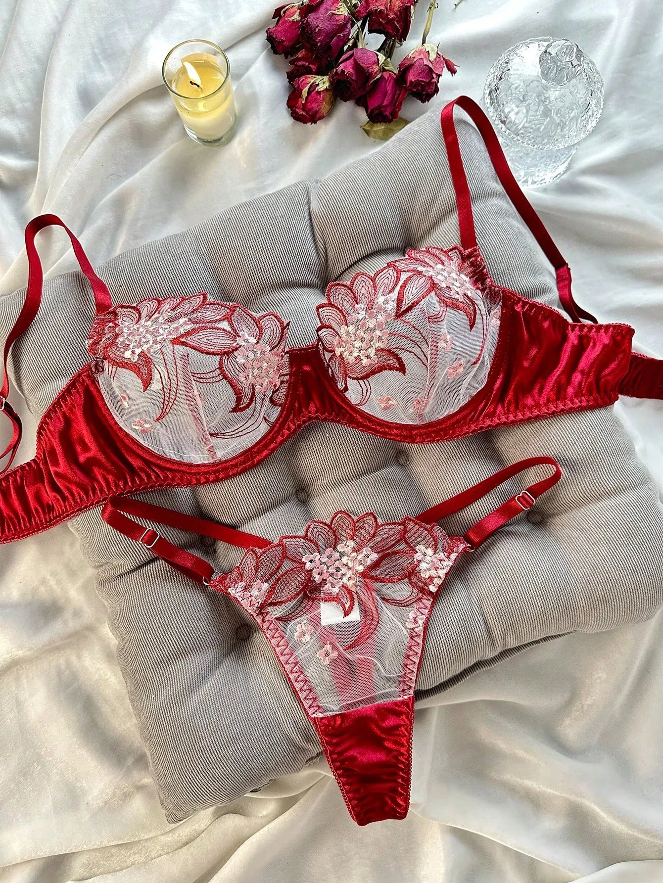 Floral Embroidery Mesh Underwire Lingerie Set