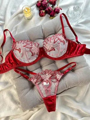 Floral Embroidery Mesh Underwire Lingerie Set