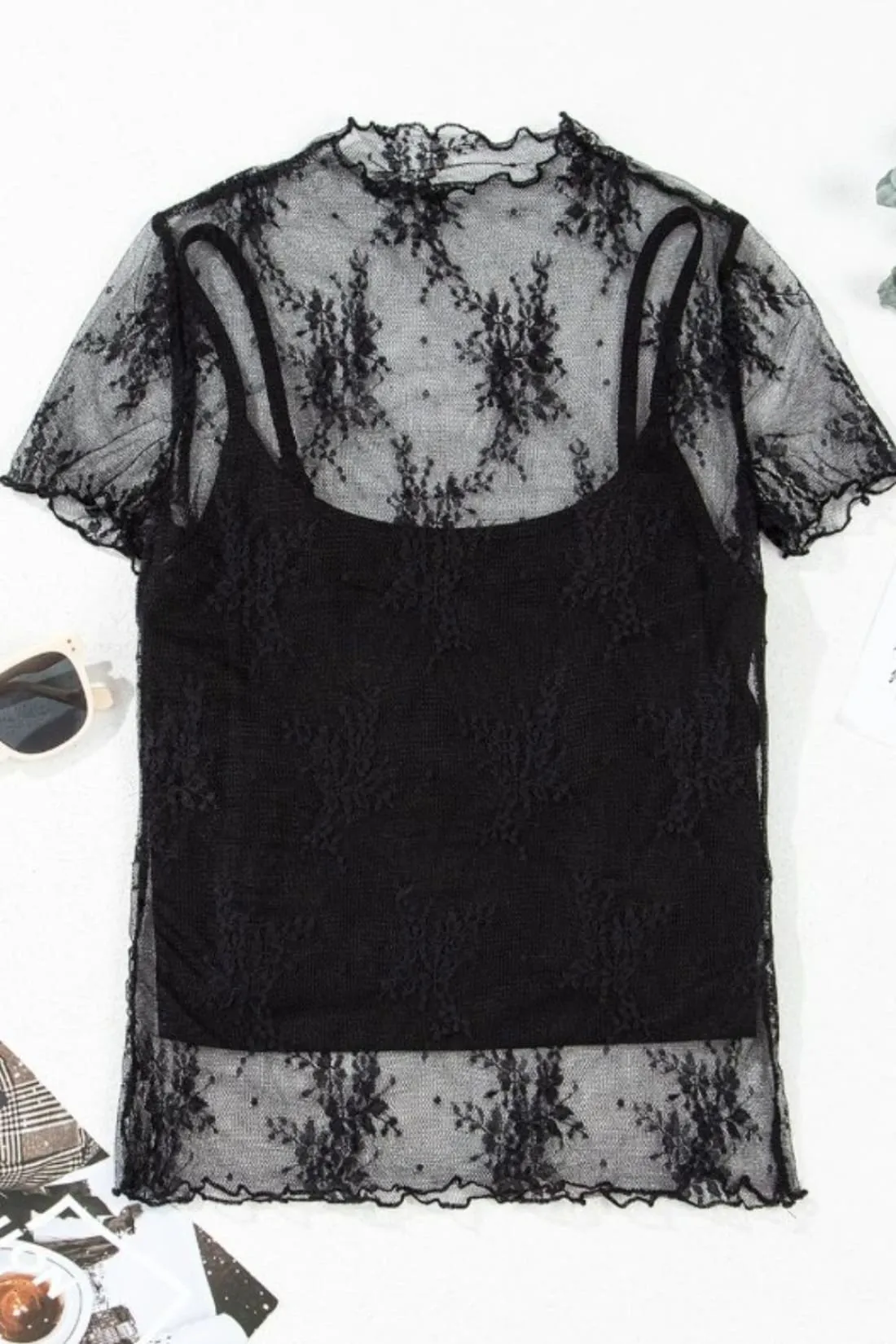 Floral Mesh Top and Cami Set