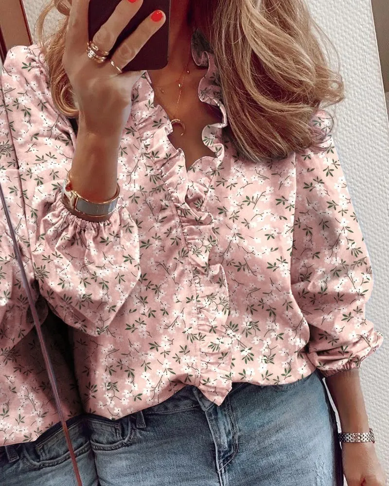 Floral Pink Ruffled Blouses Tops & Shirts for Women Plus Size