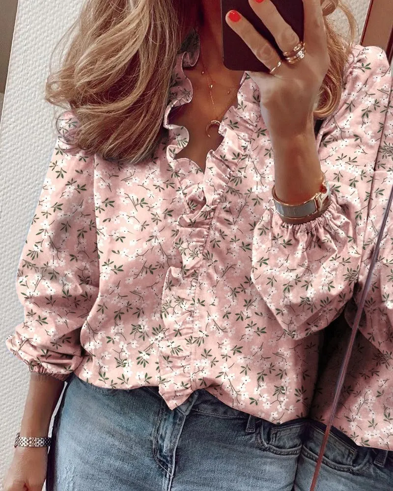 Floral Pink Ruffled Blouses Tops & Shirts for Women Plus Size